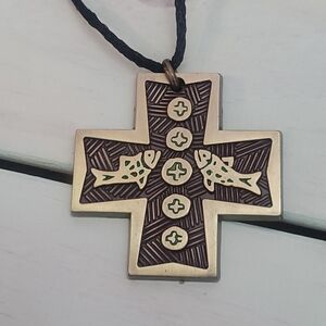 Fish and Loaves Cross Necklace Bronze Tone Pendant 28 Inch Woven Chain